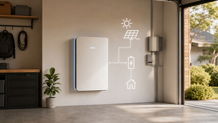 Obraz premium Modern Home Energy Storage Battery System with Solar Power Diagram in Garage