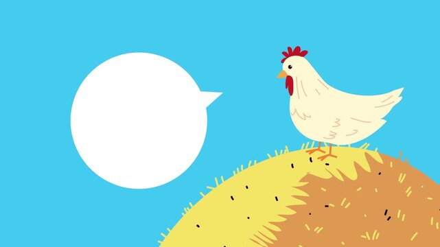 Cartoon chicken character standing on haystack with empty speech bubble for text space in 2d animation.