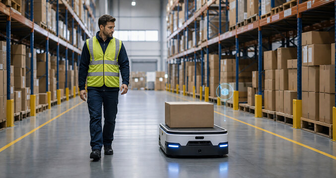 Warehouse worker walking with autonomous mobile robot transporting cardboard box