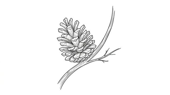 Detailed black-and-white pine cone vector illustration on branch for botanical, nature, forestry, and seasonal design collections