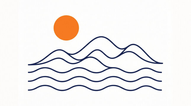 Minimalist abstract vector of ocean waves with rising orange sun in clean geometric style for modern logos, icons, and decorative illustrations