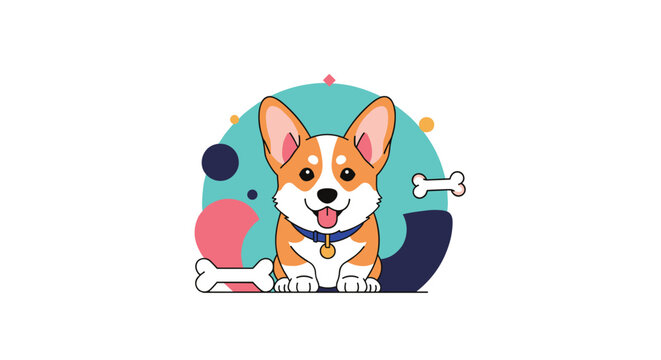 Adorable pembroke welsh corgi dog sitting and smiling with bones against colorful geometric background shapes.