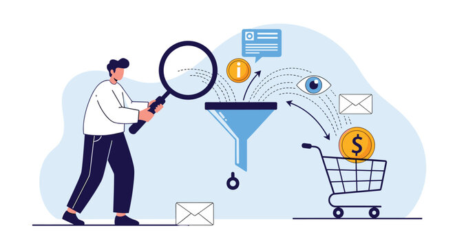Marketing professional uses a magnifying glass to analyze and filter leads and data into a sales funnel for a shopping cart.