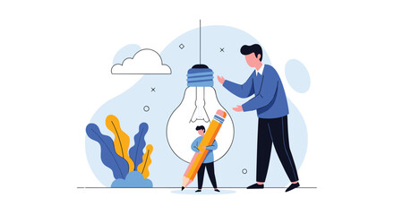 Fototapeta premium Creative collaboration between a mentor and a trainee working together inside a giant light bulb to develop innovative business ideas.