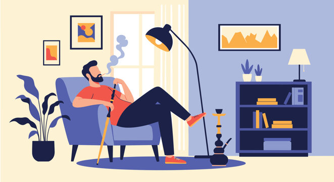 Bearded man relaxing in a comfortable blue armchair and smoking a hookah in a cozy modern living room interior.