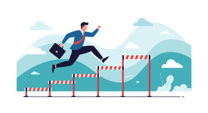 Determined businessman jumps over a series of rising hurdles to overcome business challenges and achieve long-term career success.