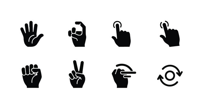 Black hand gesture icons set, minimalist human palm and finger symbols, solid vector silhouette of 8 touch screen and communication signs