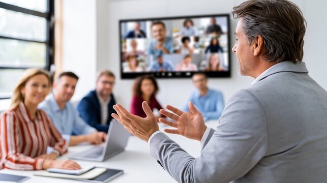 Business people attending hybrid meeting, video conference collaboration