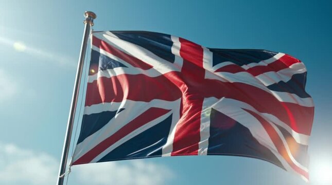 The Union Jack flag waving in the wind.