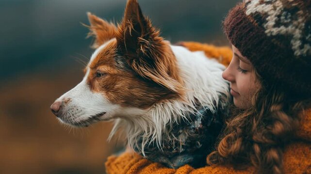 Young girl in a warm hat lovingly hugging her beautiful red border collie during an autumn day