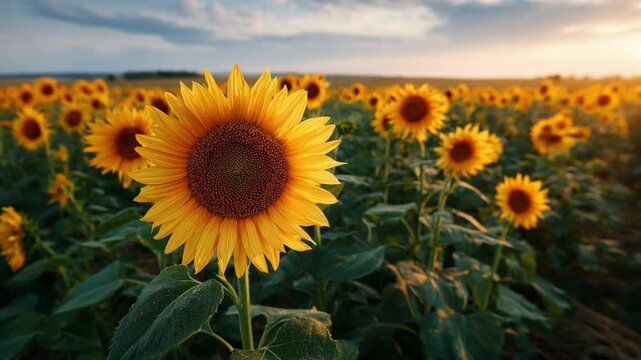Golden light shining on a beautiful field of sunflowers during a picturesque summer sunset