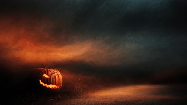 Spooky jack o'lantern with an evil face and burning eyes glowing in a scary dark mystical fog