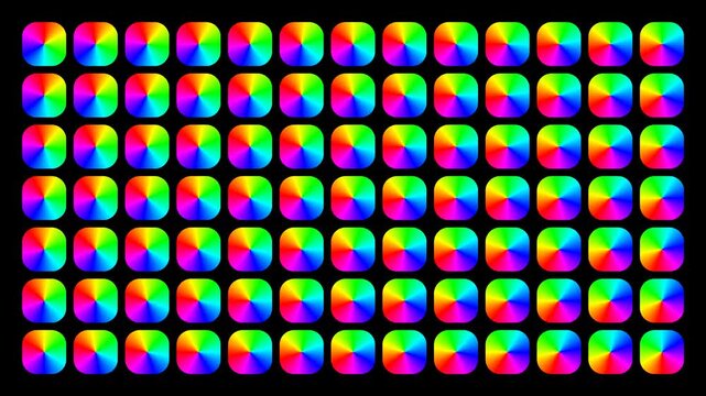 Abstract dynamic grid of spectral colorful squares with a conic rainbow gradient and a synchronized rotation effect on a black background.