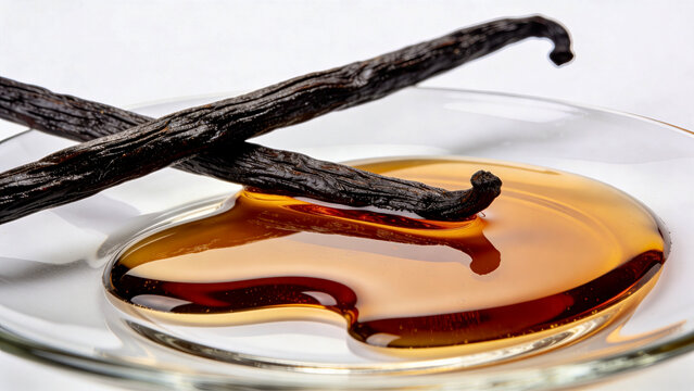 Aromatic vanilla extract liquid in glass plate with organic dry vanilla pods, macro view on white background