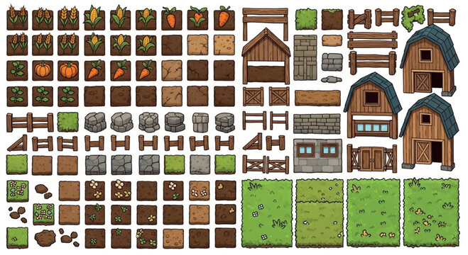 Pixel art farm game assets, retro 2D farming simulator tileset with barn and crops, vintage garden environment vector collection