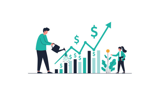 Man and woman watering a growing bar chart with dollar signs representing teamwork, collective investment, and business financial growth.