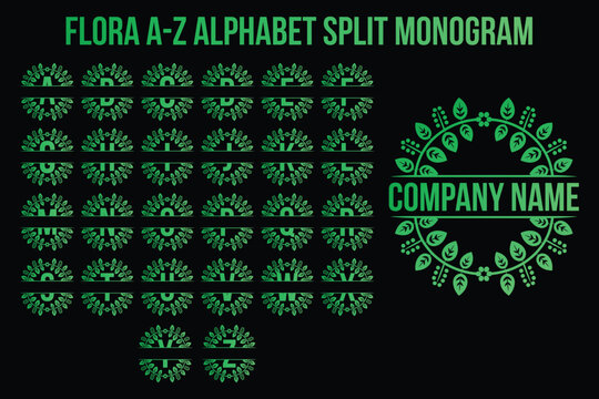 Floral Alphabet Split Monogram Green Vector Set. Botanical Initial Letters for Branding and Logo Design