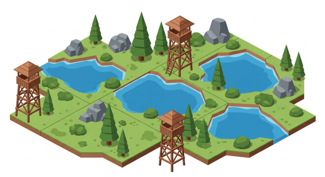 Isometric forest landscape vector map, modular nature environment with watchtowers and lakes, green wilderness terrain tiles for game design