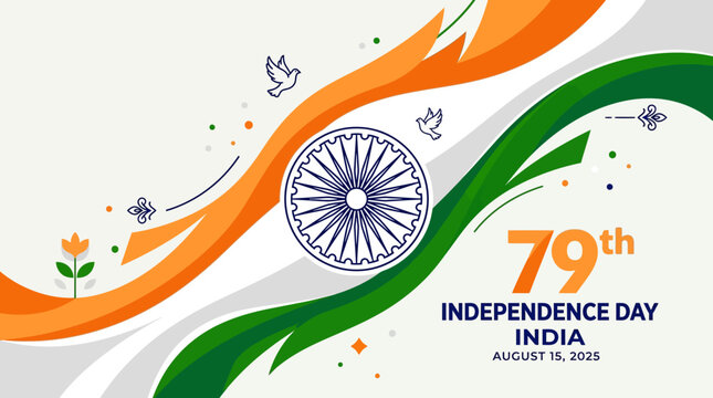 Vibrant graphic illustration commemorating India Independence Day with flowing national flag colors and the Ashok Chakra, symbolizing freedom, unity, and patriotic spirit