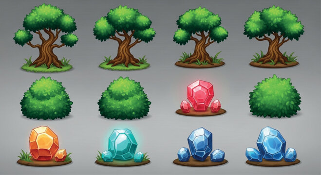 Fantasy game assets set with 12 vector icons, cartoon trees and bushes, glowing magic crystals and colorful gemstones for mobile game UI design