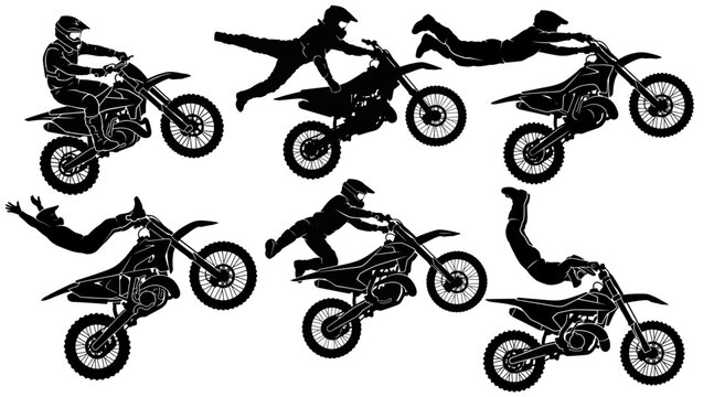 Motorcycle Stunts and Jumps Silhouettes Isolated on White Background, collection of freestyle motocross vector illustrations