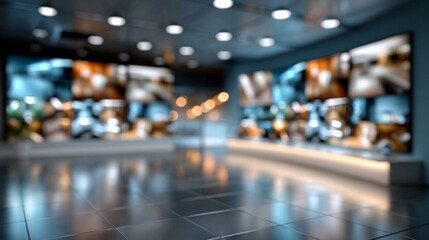 Fototapeta premium Empty modern news studio blurred background screens