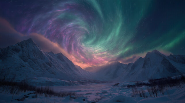 Aurora Vortex Above Frozen Arctic Landscape