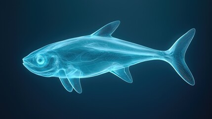 Fototapeta premium Wireframe representation of a fish illuminated in bright blue light against a dark background