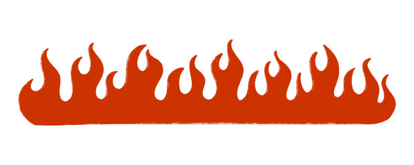 Long horizontal orange fire flames with gritty hand drawn crayon texture. Isolated clip art element for web dividers, spicy banners, and hot promo layouts. © dirtyfellas