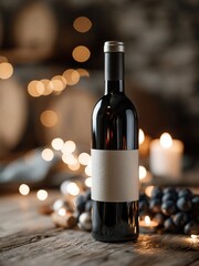 Obraz premium Elegant dark wine bottle with blank label on rustic wooden table, surrounded by soft bokeh lights and grapes, perfect for celebrations