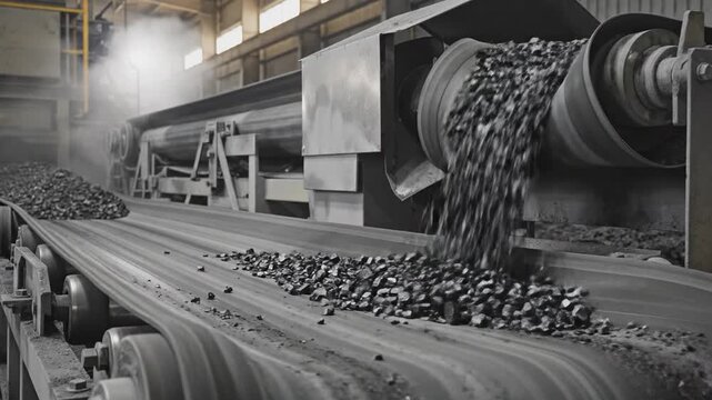 Industrial conveyor belt system moving crushed coal in a mining facility. Large machinery processes mineral rocks.