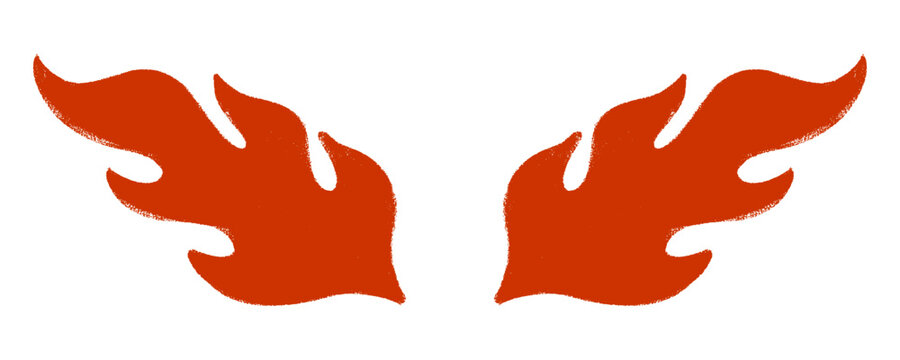 Wing shaped orange fire flames featuring realistic hand drawn crayon strokes. Isolated clip art element for fast food branding, hot delivery services, and creative icons.