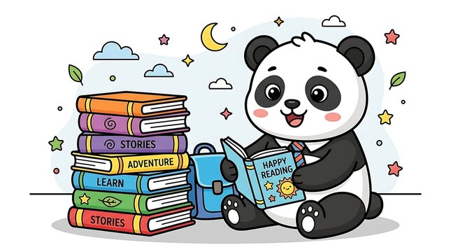 Adorable cartoon panda reads a book by colorful learning books, symbolizing education and literacy