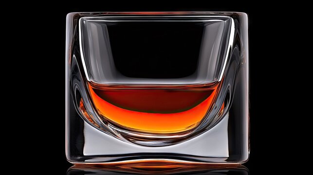 Square glass contains amber spirit against a dark background