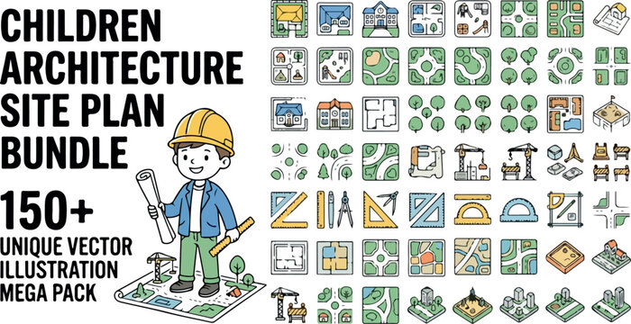 Children architecture site plan bundle, 150 unique vector illustration mega pack, cute boy architect character with construction icons and landscape symbols