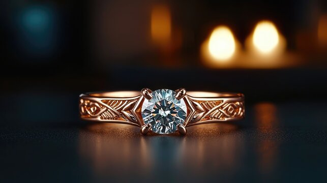 Ornate rose gold solitaire ring featuring a brilliant cut diamond rests on a dark surface with warm background light.