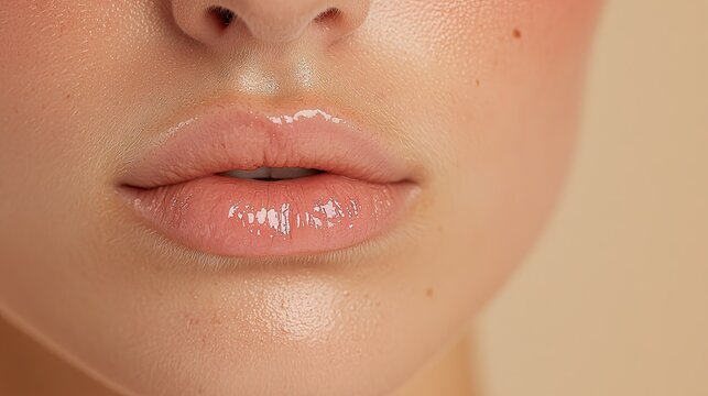 Close up of human lips covered in clear, high shine lip gloss against a soft background