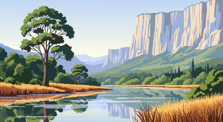 Scenic tranquil river landscape vector illustration with tall cliffs, green trees, and golden grass, perfect for nature art and travel themes © Purnomo