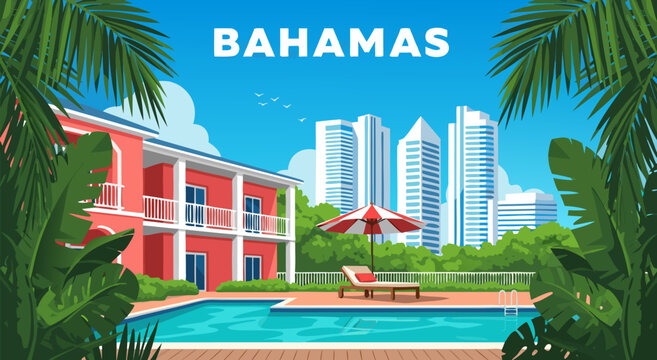 Bahamas vacation vector illustration of a luxury villa with swimming pool and modern city skyline in the background during daytime