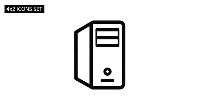 Computer tower icon in minimalist line art style, desktop PC case vector illustration, 4x2 icons set element for technology and hardware design