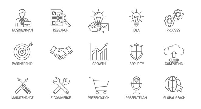 Set of business and technology line icons for corporate presentation, marketing, finance, innovation, and global communication concepts.