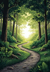 Enchanting Forest Path Through Lush Green Trees and Sunlight, A Beautiful Vector Illustration for Nature and Serene Scenes © Purnomo Semlirick