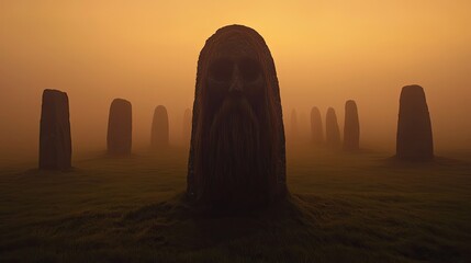 Naklejka premium Ancient carved megalithic stones stand solemnly within a foggy landscape under an orange sky
