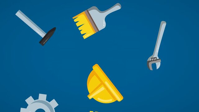 Industrial construction tools falling animation over blue background featuring helmet and wrench.