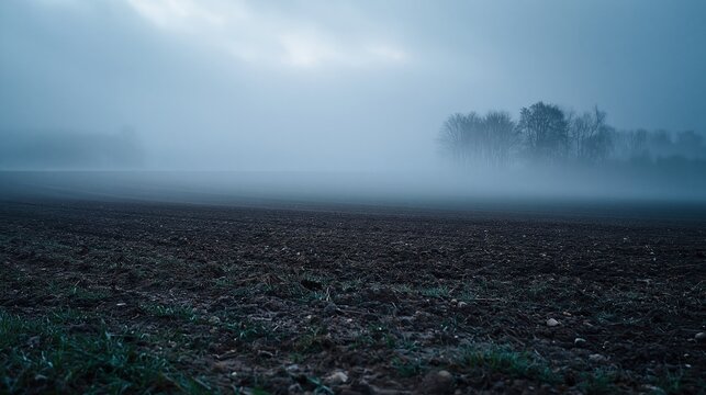 Misty agricultural field at dawn with dark soil and distant trees under an overcast sky