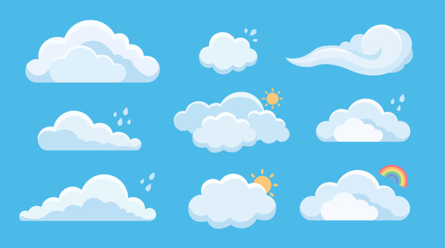 Cute cartoon cloud collection with weather elements and sky icons set