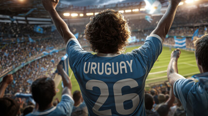 Naklejka premium a rear view of a Uruguay soccer fan celebrating with other fans in a stadium