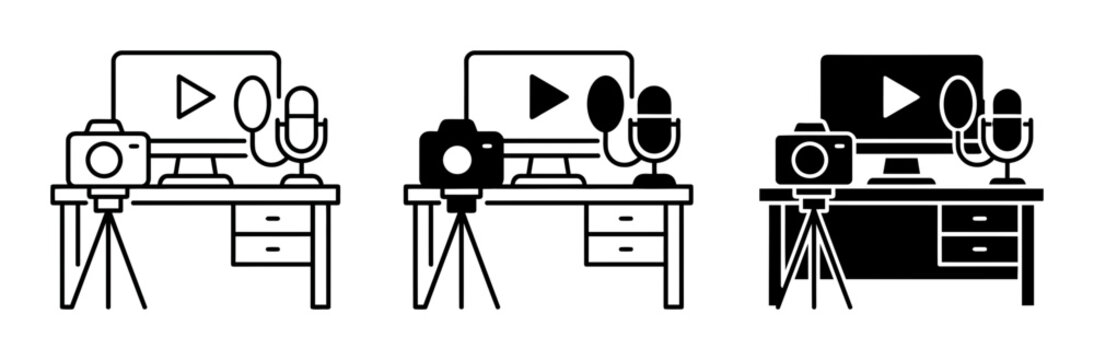 Content Creator Desk Setup Vector Icons. Modern Black and White Line Art and Glyph Style Illustrations for Streaming and Vlogging.