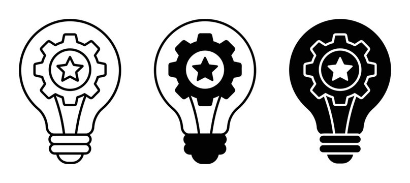 Creative Idea Lightbulb with Gear and Star Icon Set, innovative solution vector graphics for business strategy and development, black and white outline and solid fill variations