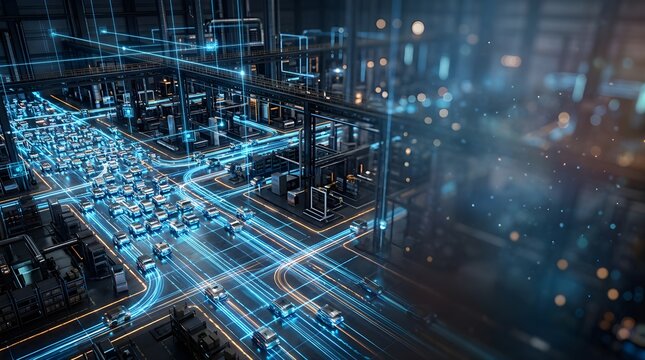 Digital twin of a smart automated factory with glowing blue data streams